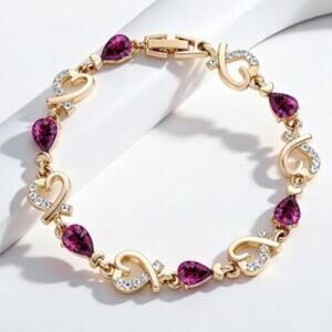 14K Gold Plated Heart Link Bracelet Crystal Rhinestone Love Minimalist Jewelry
